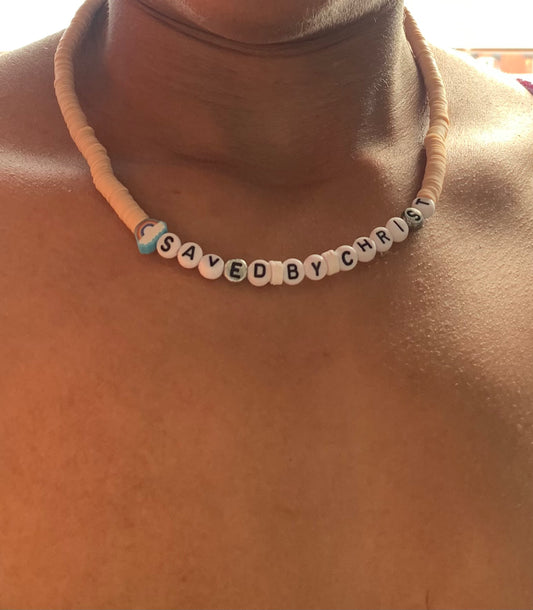 Saved by Christ clay beaded elastic necklace